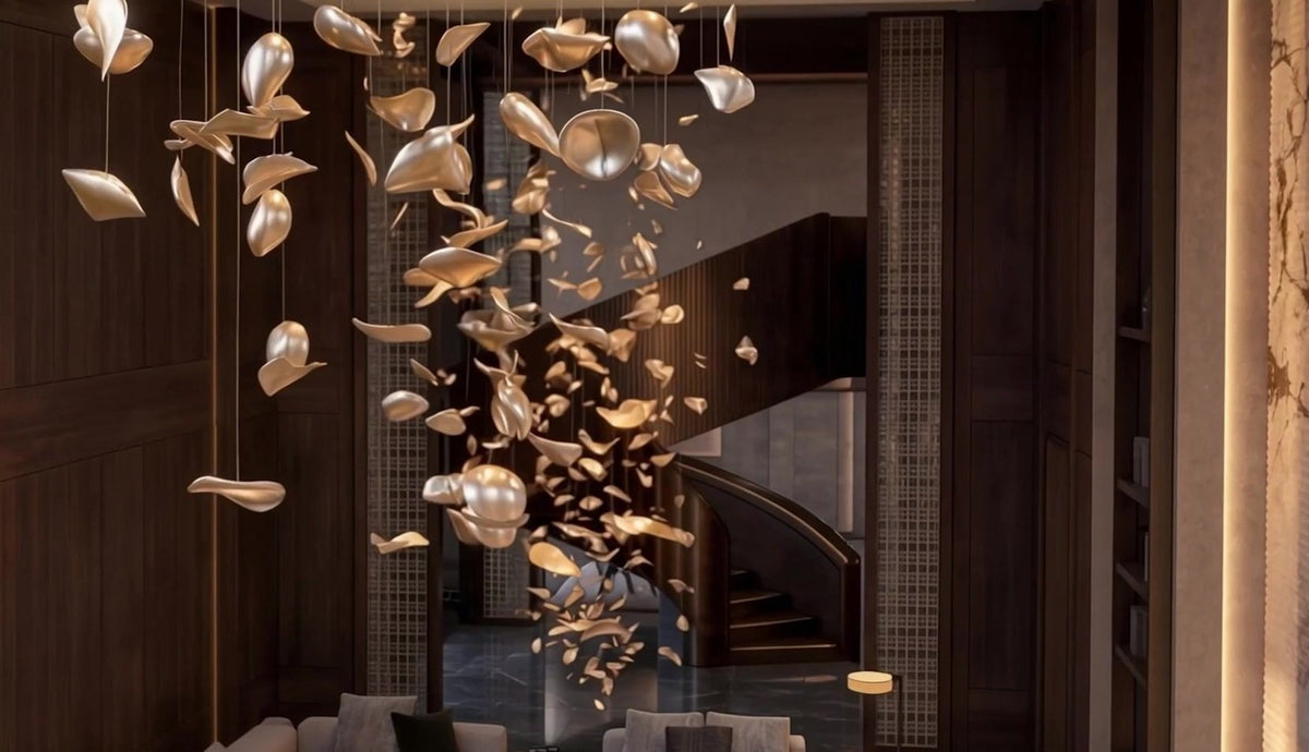 Sculptural chandelier and staircase