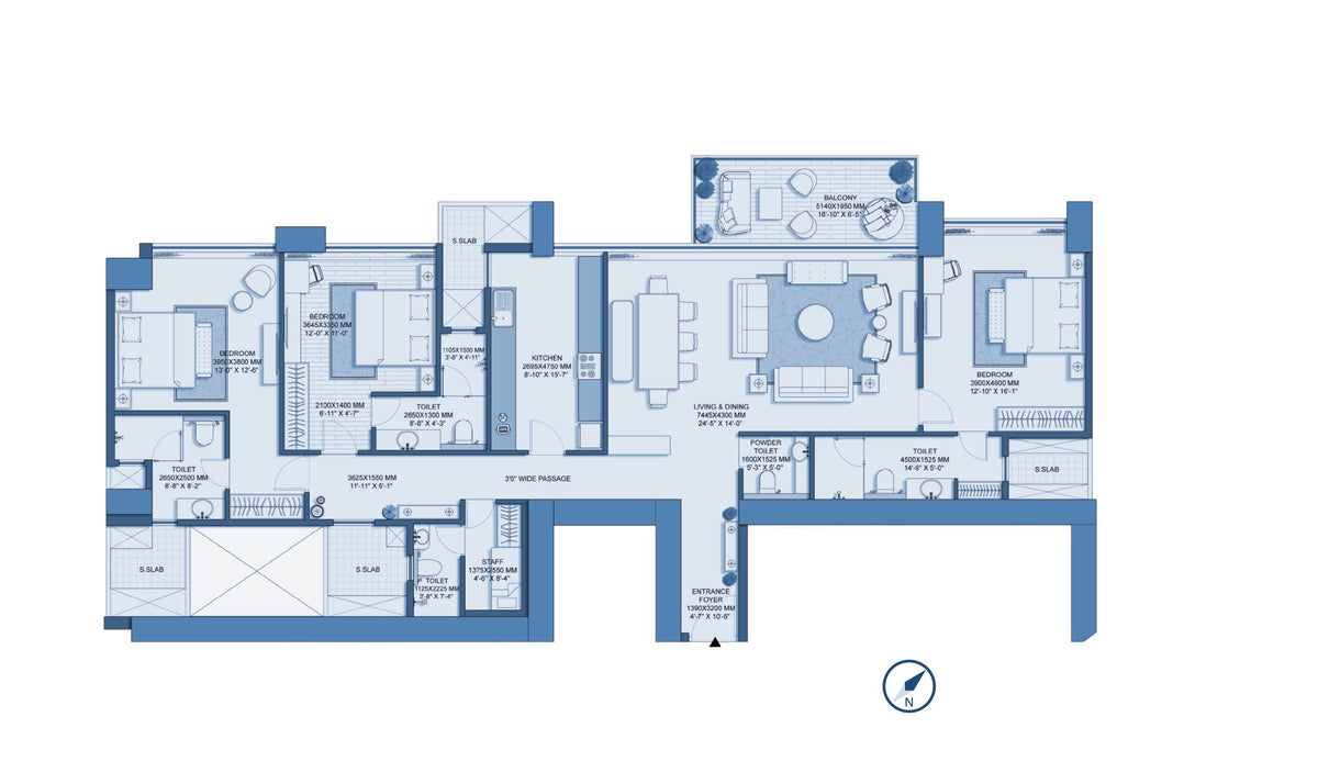3 BHK · 1,610 sq ft floor plan